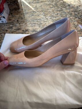 Stuart Weitzman Patent Leather Block Heel Pumps in Nude Blush